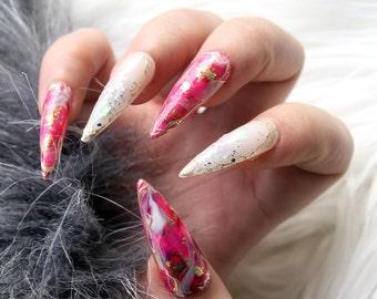 Pink Glitter Stiletto Press On Nails: Long, Handpainted, Valentine's Day
