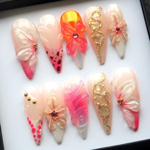 3D Fairy Flowers Press Ons - Summer Floral Fake Nails, Hot Color Glam Orange Nails K482