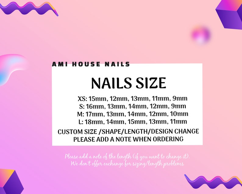 Puede incluir: Un gr&aacute;fico rosa y blanco con el texto "AMI HOUSE NAILS" y "NAILS SIZE" en negro. El gr&aacute;fico enumera los tama&ntilde;os de las u&ntilde;as en mil&iacute;metros para extra peque&ntilde;o, peque&ntilde;o, mediano y grande.