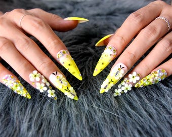 Neon Sunshine Blossom Butterfly Nails Yellow Nails Gradient Mix - 3D Flower Art K655