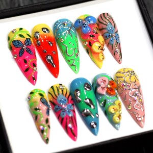 Royal Color Mix Press On Nails | 3D Freestyle Hot Color Fake Nails | Y2K Rainbow Trendy Nails | Elegant 3D Festive Nails | Neon Nails K354