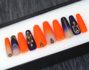 Sunset Orange Coffin Press On Nails: Luxury Gel X Handmade Nail Tips