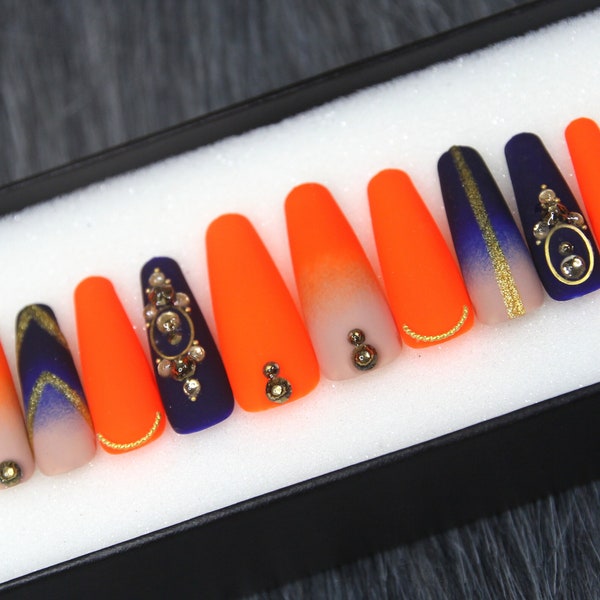 Sunset Orange Press On Nails Coffin Luxury - Gel X False Nails - Glue On Fake Nails Luxury Handmade Nail Tips A95