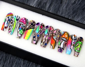 Tripping Illusion Press On Nails | Handpainted Abstract Nail Art | Glue On Nails Long Coffin K4