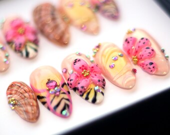 3D Flower Press On Nails: Y2K Summer Short Nail Design K312