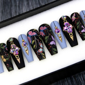 Floral Pastel Blue Press On Nails | Abstract Black Glue On Nails | Long Coffin Nails | Fun Nails | Luxury Nails | Birthday Gift A136