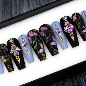 Floral Pastel Blue Press On Nails | Abstract Black Glue On Nails | Long Coffin Nails | Fun Nails | Luxury Nails | Birthday Gift A136