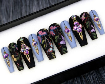 Floral Pastel Blue Press On Nails | Abstract Black Glue On Nails | Long Coffin Nails | Fun Nails | Luxury Nails | Birthday Gift A136
