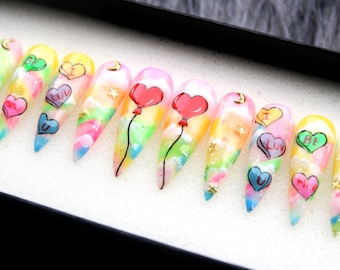 Rainbow Cloud Press On Nails: Y2K Stiletto Gel Nail Set