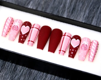 Valentine Press On Nails | Love Attract Glue On Nails | Long Coffin Nails For Her | Minimal False Nails K95