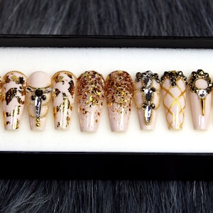 Luxury Golden Press On Nails Coffin | Marble Glue On Nails | Luxury Fake Nails | False Nails K32