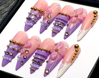 Lavender Floral Press On Nails: Reusable Autumn Purple Fake Nails K507