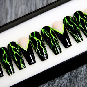 Royal Emerald Press On Nails | Green Black Glue On Nails | Gothic Fake Nails | Dark False Coffin Nails K25