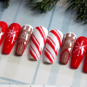 Christmas Gingerbread Press On Nails | Beige Luxury Glue On Nails | Salon Bridal Fake Nails | Glossy Gel X False Nails K131