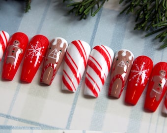 Christmas Press On Nails: Gingerbread, Candy Cane, Snowflake - Gel X False Nails