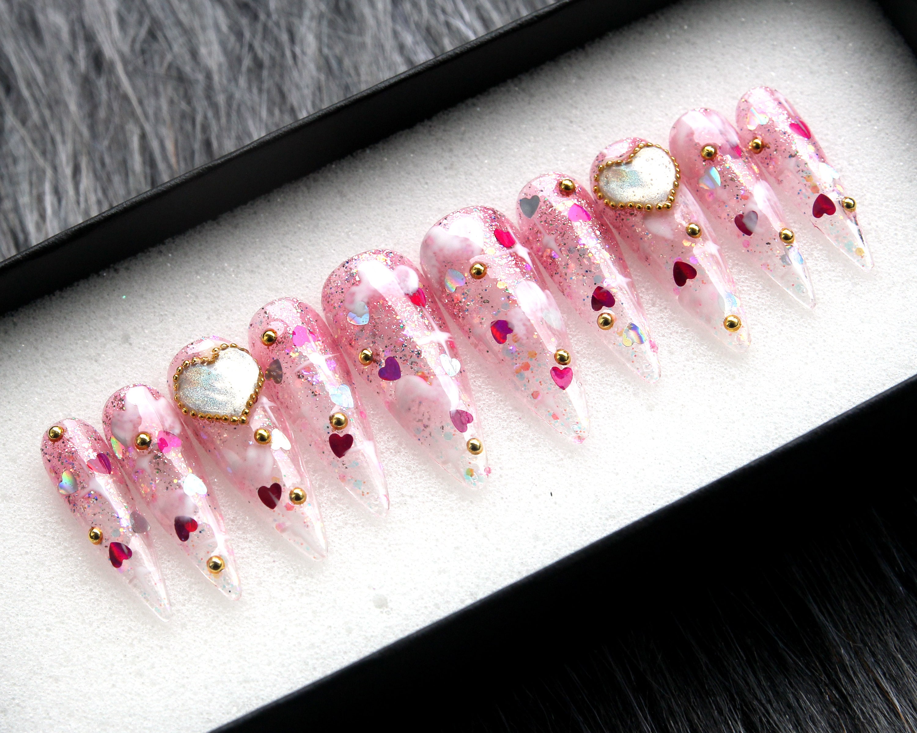 Glitter Heart Press On Nails: Crystal Stiletto Gel Nails
