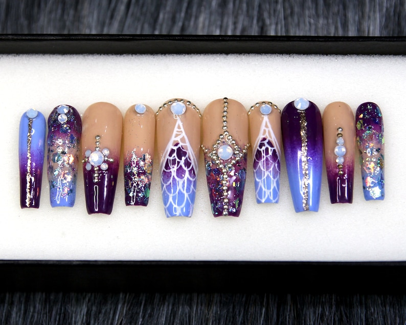 Purple Mermaid Press on Nails with Crystal Glue On Nails Coffin Luxury Luxury False Nails Fake Nails Crystal Set Gel X Nails N90 image 2