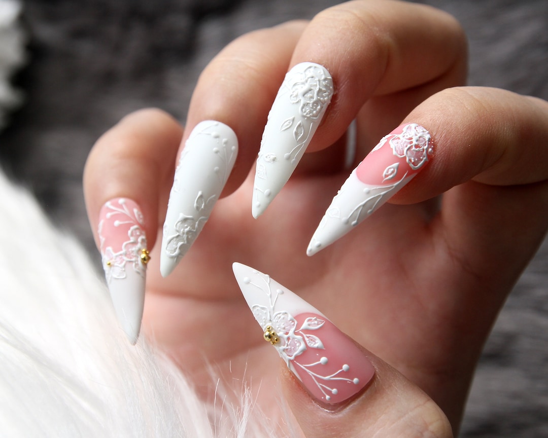 Long Stiletto Nails with Bridal Roses