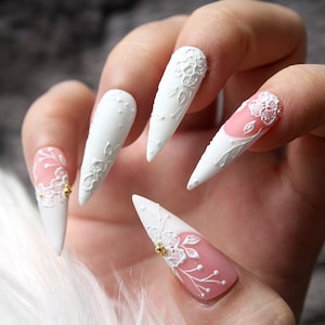 3D Flower Wedding Press On Nails: Long Stiletto Bridal Nail Set