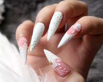 Bridal Nails 3D Wedding Press On Nails | Custom 3D Long Stiletto Fake Nail | Elegant Flower Style Nails | Handpainted Luxury Nail K187