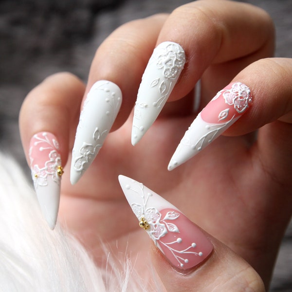 Bridal Nails 3D Wedding Press On Nails | Custom 3D Long Stiletto Fake Nail | Elegant Flower Style Nails | Handpainted Luxury Nail K187