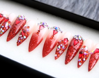 Red Velvet Press On Nails: 3D Ombre Stiletto, Handpainted Glitter False Nails