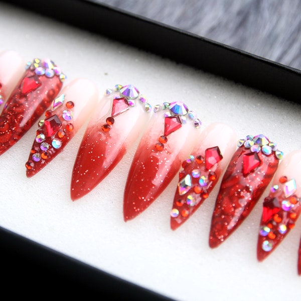 Red Velvet Sweet Press On Nails | 3D Red Ombre Nails | Elegant Stiletto Nails | Handpainted Fake Nails | Glitter Long Nails K216