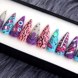 Pop Art Scary Press On Nails | Color Luxury Glue On Nails | Festive Fake Nails | Matte Gel X False Nails | Set Nails K145