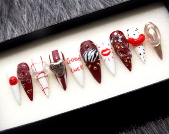 Hand Painted Stiletto Press On Nails: 3D Y2K Red Nail Set