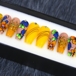 Floral Garden Deep Yellow Hand Painted Press On Nails Coffin | Crystal Glue On Nails | Festive Fake Nails | Summer Gift Nails For Her K109