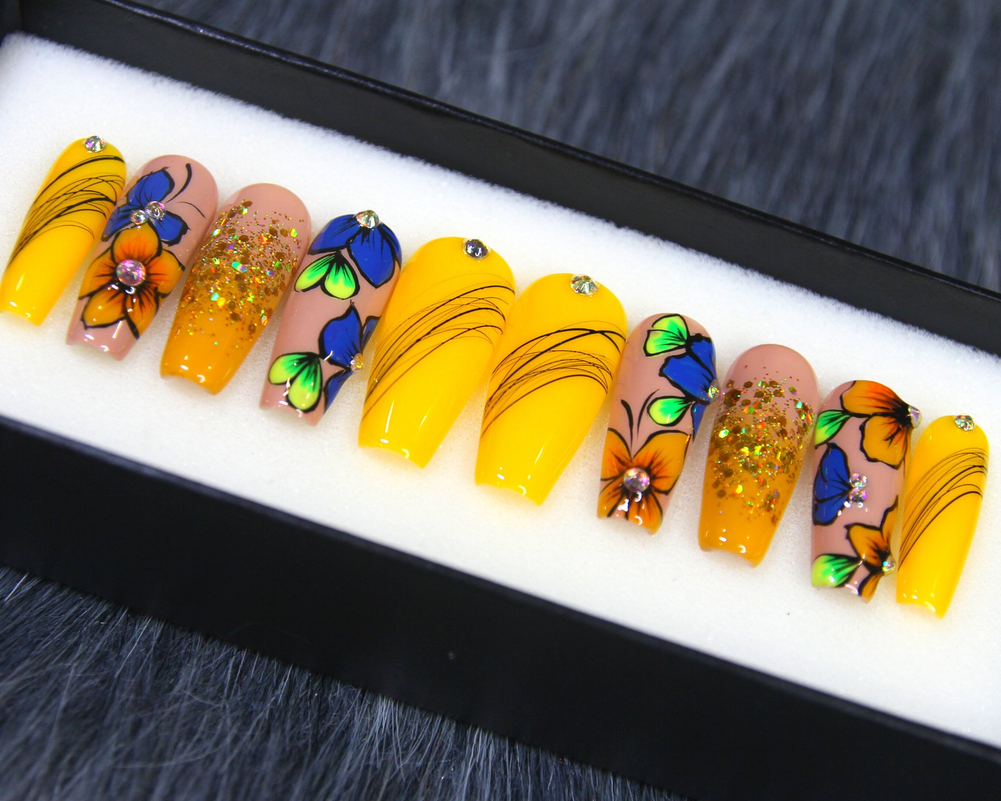 Floral Garden Deep Yellow Hand Painted Press On Nails Coffin | Crystal Glue On Nails | Festive Fake Nails | Summer Gift Nails For Her K109