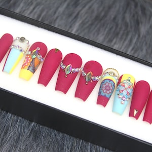 Persian Beauty Coffin Press On Nails: Pink Crystal Gel X False Nails