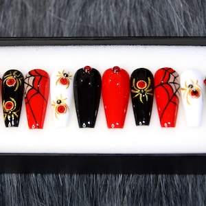 Spider Web Red Glue On Nails | Black Press On Nails | Crystal Gothic Nails | White Fun Nails K72