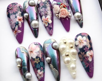 Imperial Blossom Press On - Japanese Style Stiletto Reusable Nails, Purple Glam Nails K525