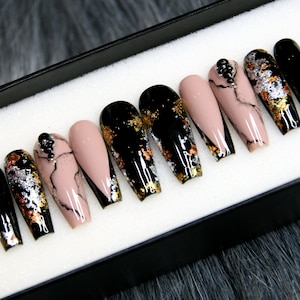 Black Glitter Coffin Press On Nails: Marble Luxury Fake Nails