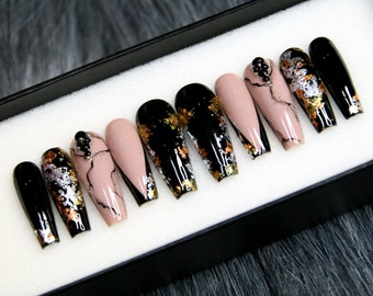 Black Glitter Coffin Press On Nails: Marble Luxury Fake Nails