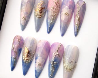 Enchanted Floral Garden Press On Nails - Japanese Style Stiletto Fake Nails K541