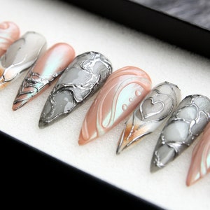 Holographic Gothic Press On Nails: Y2K Cyberpunk 3D Metallic Nail Set