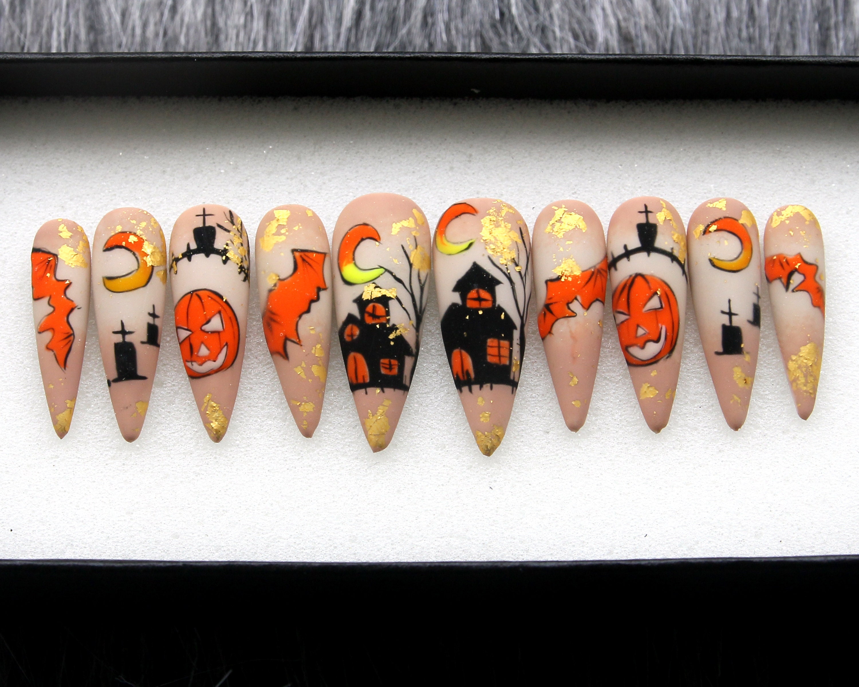 Spooky House Press On Nails | Halloween Special Press On Nails Stiletto | Hand-made Glue On Nails | Luxury Fake Nails | False Nails HA2