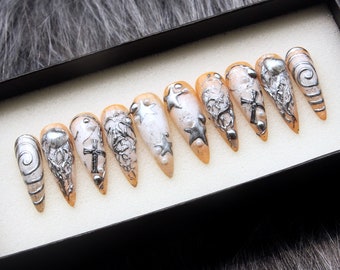 3D Chrome Heart Press On Nails: Gothic Stiletto Baroque Set