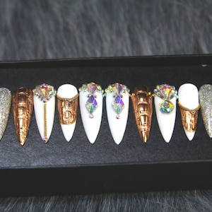 The Glam Glue on Nails | Gold Press On Nails Coffin Luxury | French Tips Fake Nails | Fake Nails Crystal Set | Gel X Nails K119