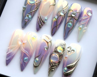 Slay Purple Ice Press On Nails | 3D Ombre Long Stiletto Fake Nail | Goth Gothic Style Nails | Y2K Handpainted False Nail K345
