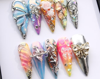 Aurora Stiletto Press On Nails: Trendy Mirror Coated Silver Fake Nails