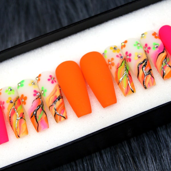 Hot Orange Floral Press On Nails | White Abstract Nails | Festive Coffin Nails | Glue On Nails Abstract A143