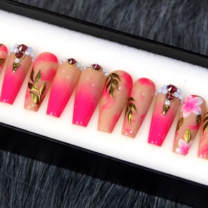 Golden Pink Leaf Nails - Luxury Coffin Press On, Wedding Nail Set K68