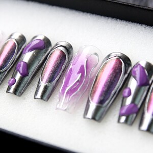 Goth Nails Style | Silver - Purple Y2K  Press On Nails | 3D Chrome Nails Stiletto | Hand Painted Gothic Fake Nails K200