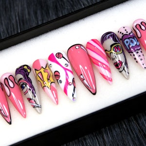 Pop Art Ver 3 Cartoon Press On Nails | Fun Trendy Glue On Nails | Luxury Hand Painted Nails | Long Coffin Fake Nail Art K84
