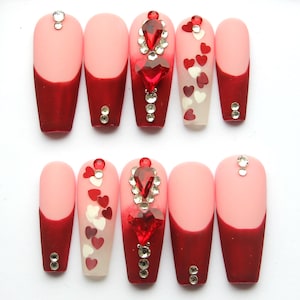 Burgundy Matte Press On Nails: Valentine&#39;s Day Red Jewel Nails