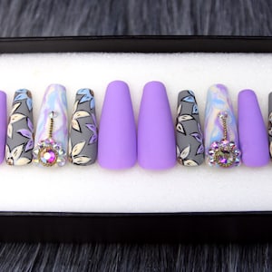 Autumn Garden Pastel Press On Nails - Glue On Nails - Coffin Nails Set - Gel X Fake Nails - Purple False Nails - Hand Painted N211