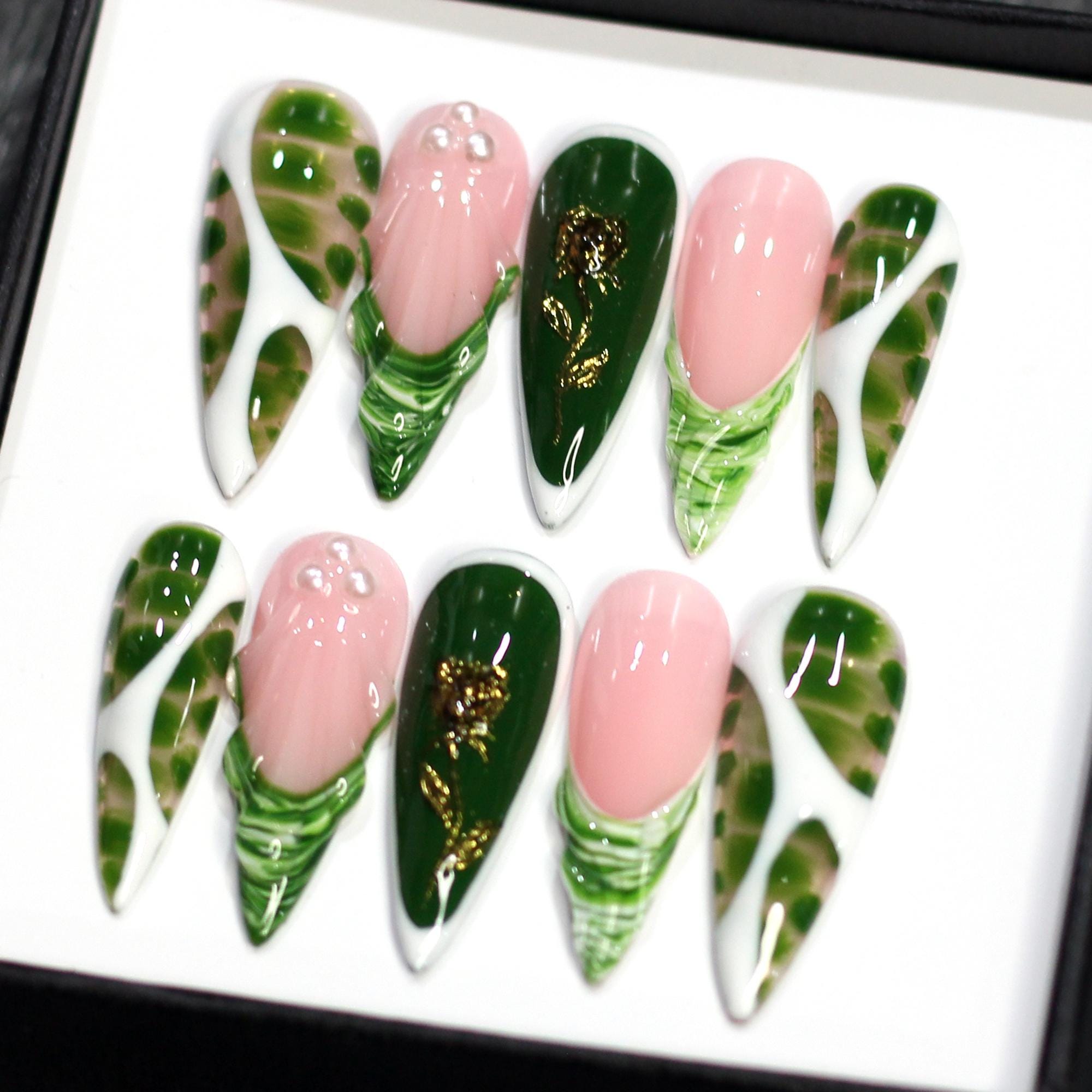 3D Rose Gold Press On Nails | Stiletto Frech Tips Nails | Pink Nail Set | Y2K Inspo Long Fake Nails K367